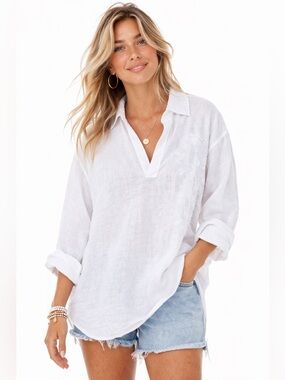 Structure 100% Linen Oversized Embroidered V-Neck Shirt Medium White Minimalist